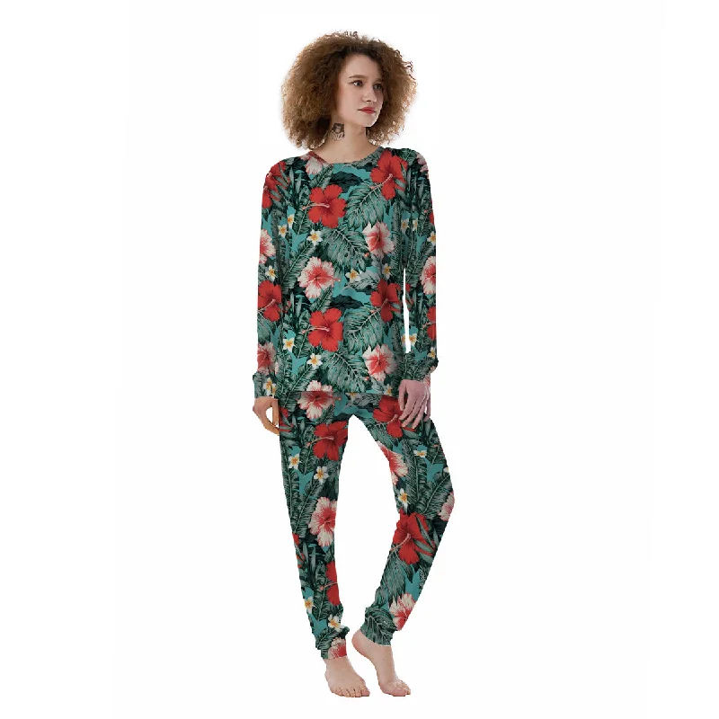 Tropical Leaf Turquoise Print Pattern Women's Pajamas Hoodie pajama sets