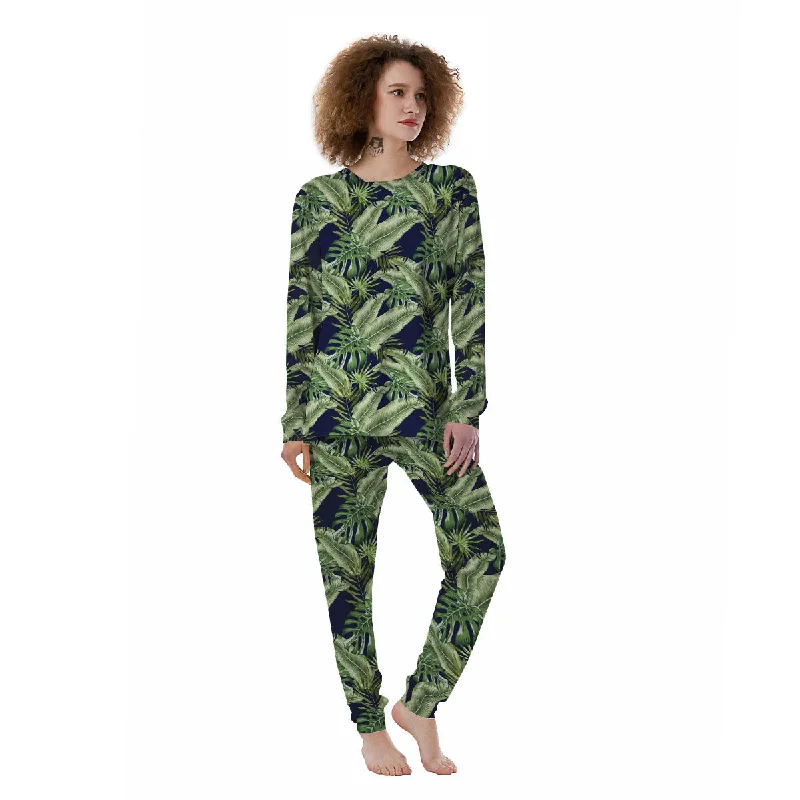 Tropical Leaves Blue Print Women's Pajamas Long sleeve pajama sets