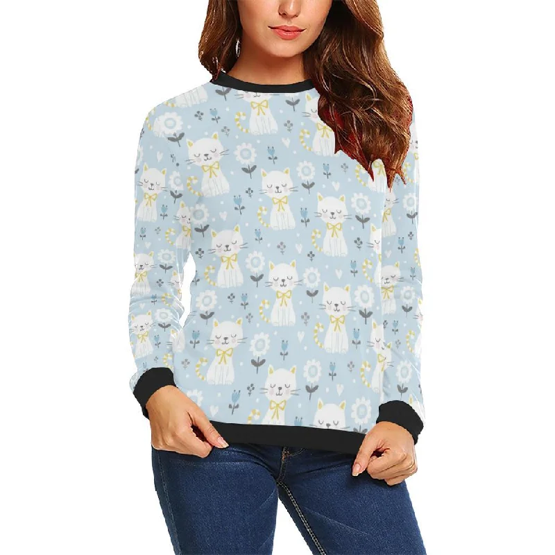 Floral Kitten Cat Pattern Print Women Crewneck Sweatshirt Best sweaters for fall