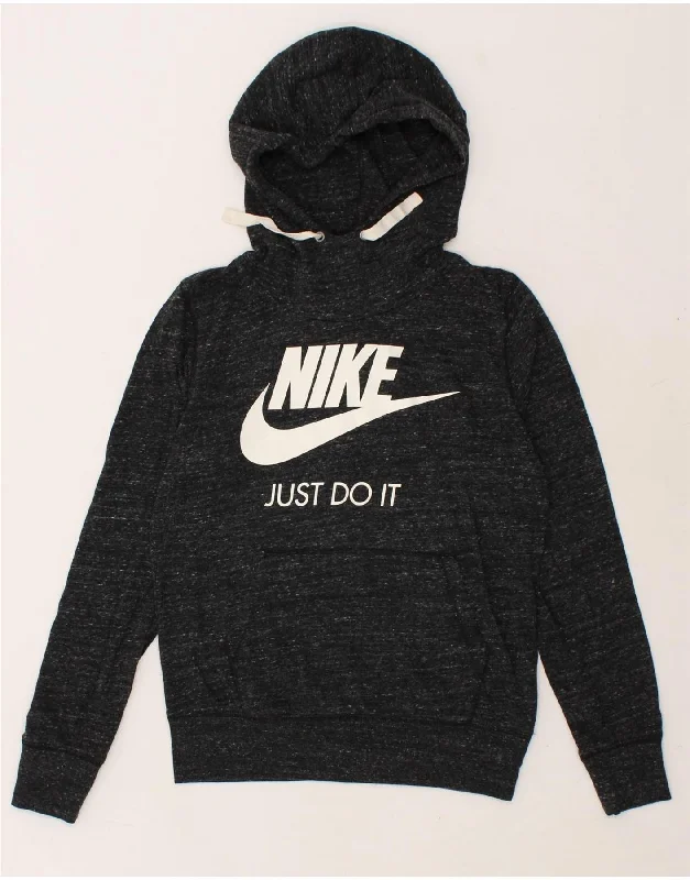 NIKE Womens Graphic Hoodie Jumper UK 14 Medium Grey Flecked Cotton Best sweaters for winter