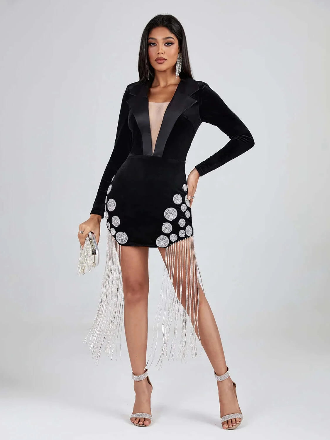 Long Sleeve Spiral Crystal Fringe Velvet Dress Trendy mini dresses under $50