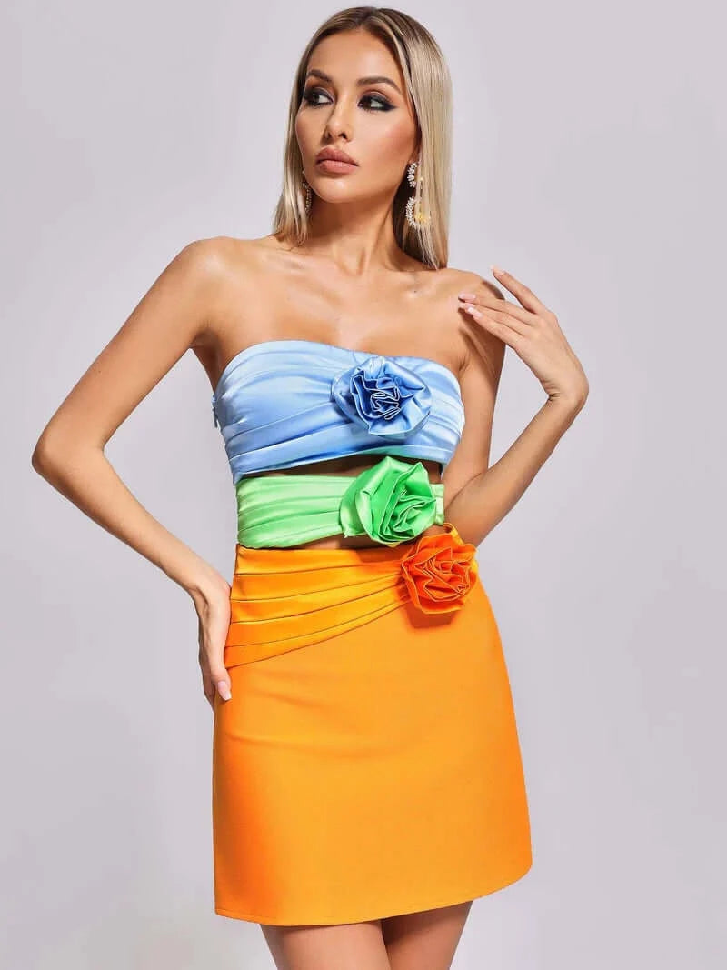 Strapless Hollow Out Satin 3D Flowers Mini Dress Hot new arrivals in mini dresses