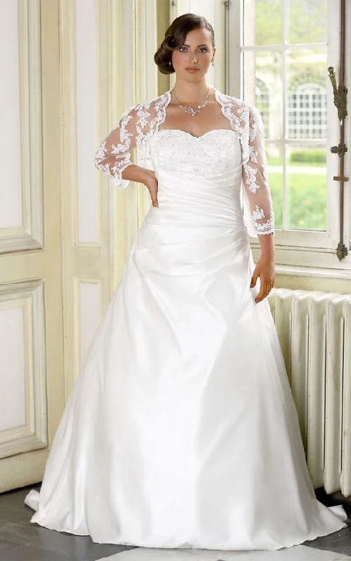 A-Line Floor-Length Sweetheart Long Sleeve Satin Sweep Train Side Draping Dress-714781 Simple Wedding Gown