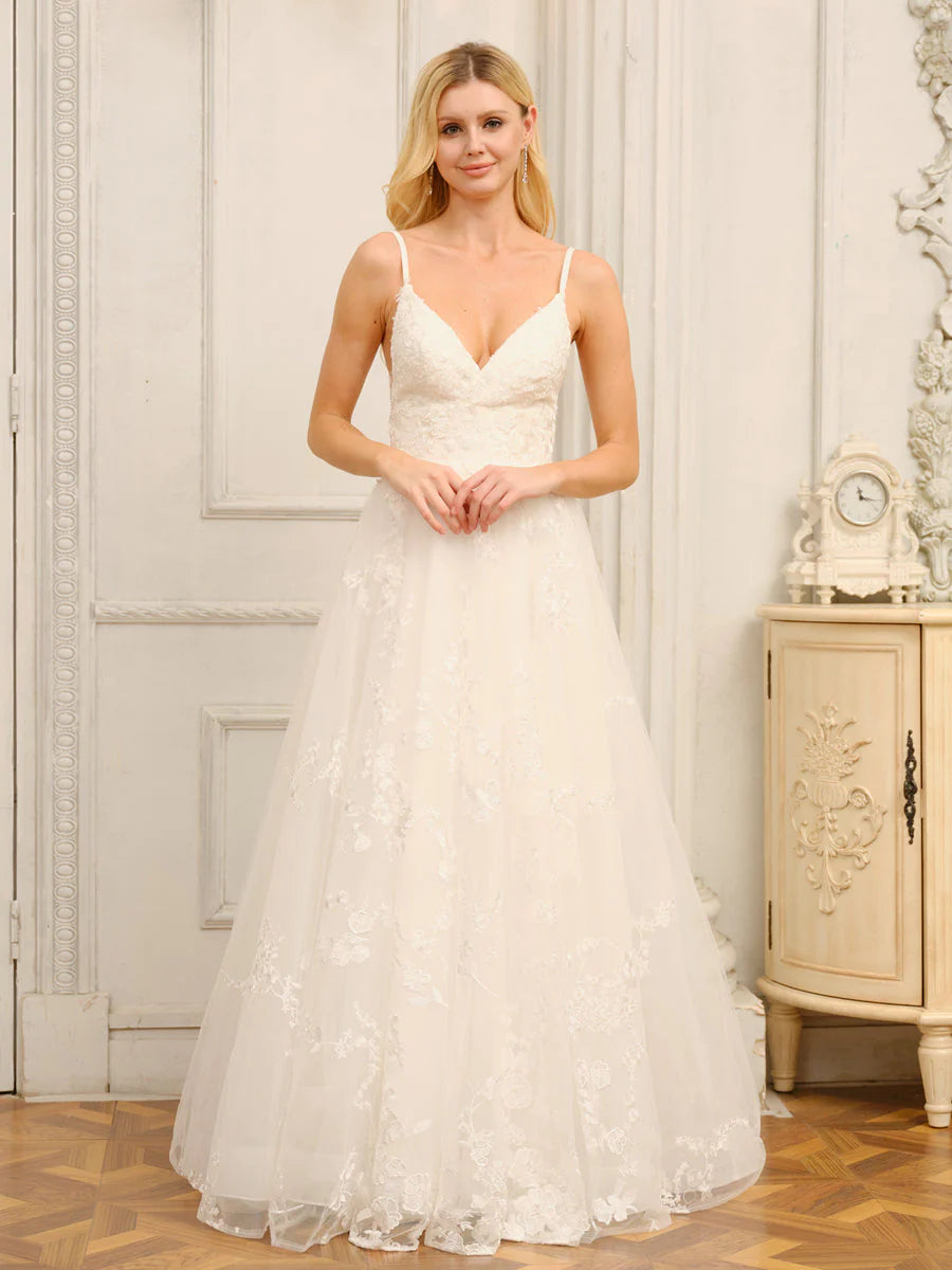 A-Line/Princess Spaghetti Straps V-Neck Sleeveless Long Wedding Dresses With Appliques Soft Satin Bridal