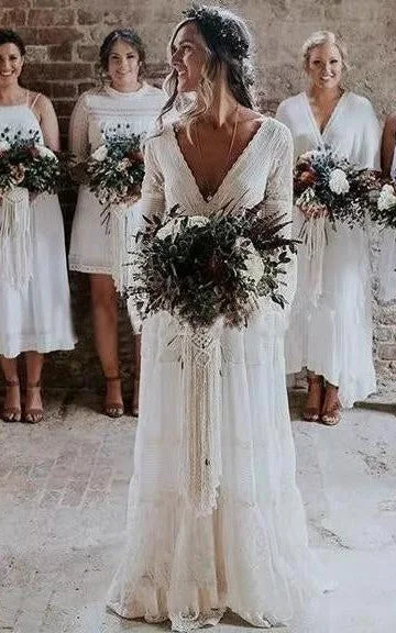 A-Line V-neck Lace Wedding Dress Casual Sexy Bohemian Adorable Beach Country Garden With Deep-V Back And Illusion Long Sleeves-716747 Illusion Lace Gown