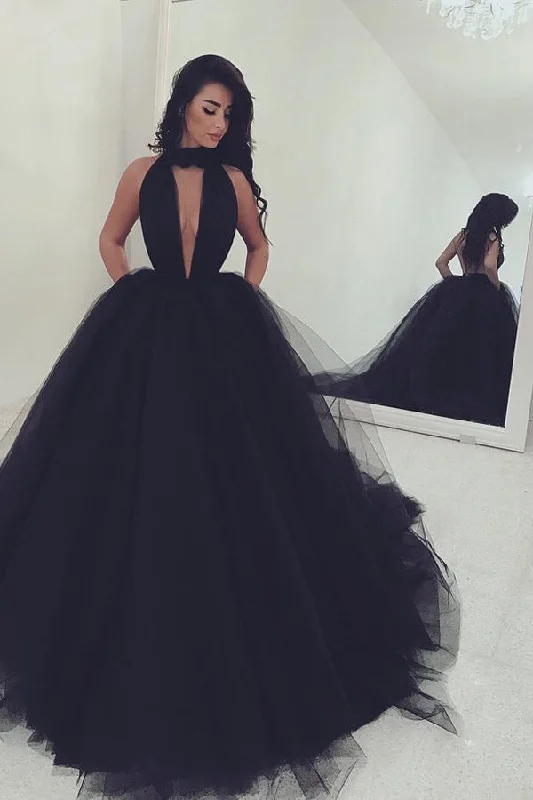 Black Ball Gown Court Train Halter Sleeveless Backless Tulle Wedding Dress Strapless Lace Dress