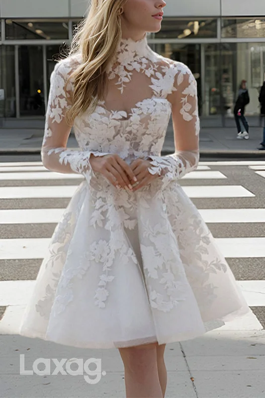 22781 - A-Line High Neck Long Sleeves Pearls Appliques illusion Tulle Wedding Dress Elegant Bridal Gown