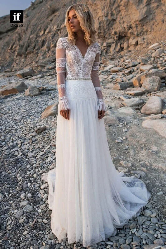 30569 - A-line V-Neck Illusion Long Sleeves Bohemian Wedding Dress Romantic Lace Dress