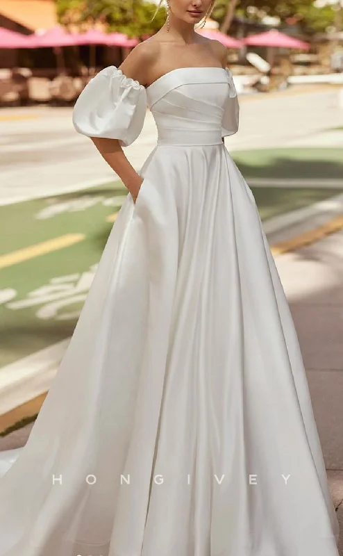 H1518 - Sexy Satin A-Line Strapless Empire Ruched Puff Sleeves With Pockets Train Wedding Dress Satin Lace Gown