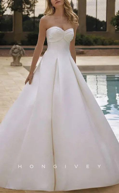 H1519 - Sexy Satin A-Line Sweetheart Strapless Empire Detachable Puff Sleeves With Train Wedding Dress Soft Lace Gown