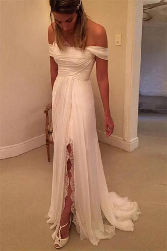 Flowy Ivory Off The Shoulder Chiffon Lace Long Beach Wedding Dress Sparkling Bridal Gown