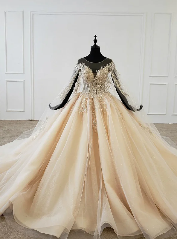 Gold Ball Gown Tulle Sequins Backless Appliques Beading Wedding Dress Modern Wedding Gown