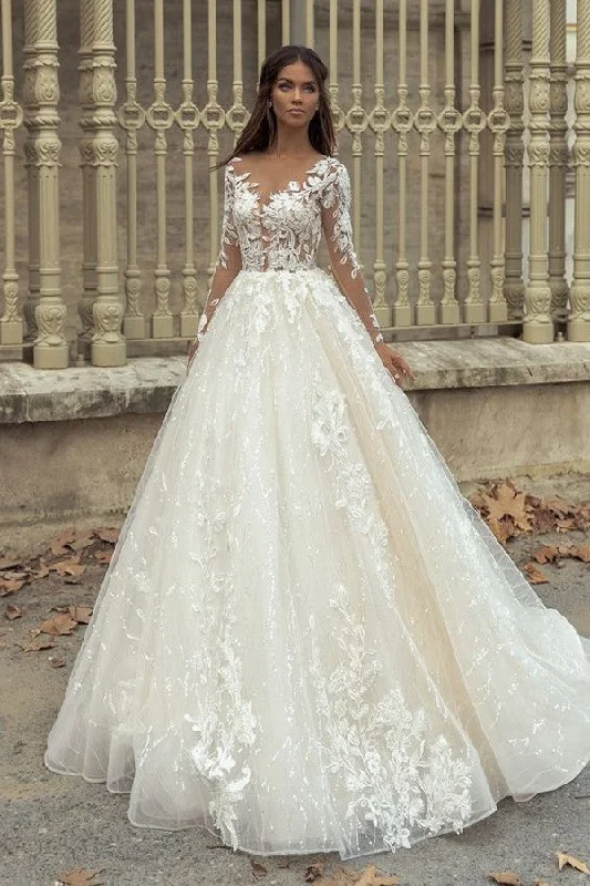 Gorgeous Bateau Long Sleeve Train A-Line Wedding Dress with Lace Appliques Chic Bridal Gown