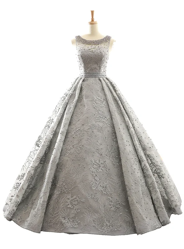 Gray Ball Gown Backless Appliques Pearls Floor Length Wedding Dress Chic Wedding Gown