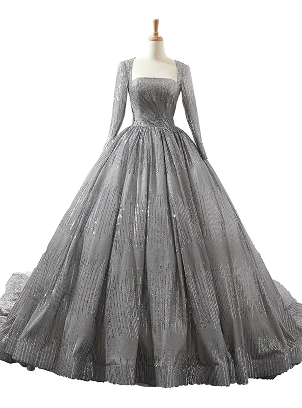 Gray Ball Gown Sequins Long Sleeve Backless Wedding Dress Sleek Wedding Dress