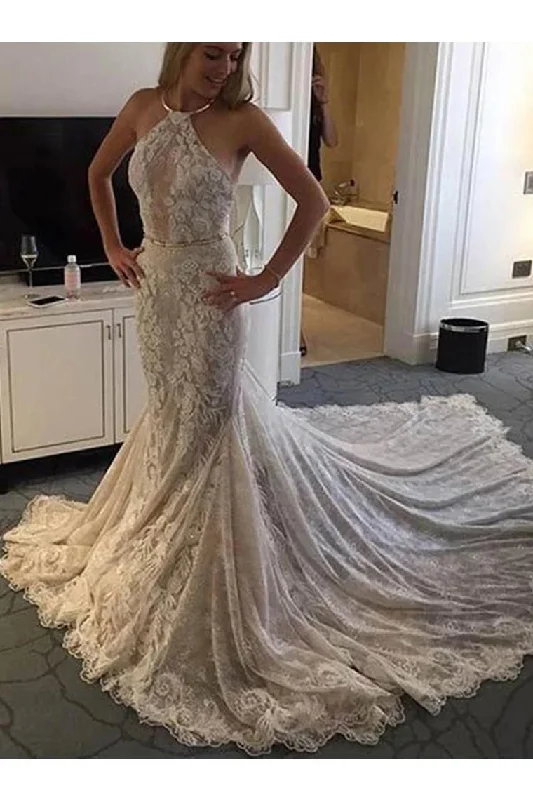 Halter Mermaid Lace Sleeveless Wedding Dress With STIP8XSP72Y Classic Lace Gown