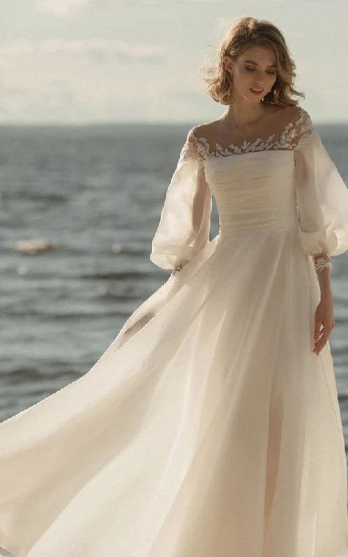 Informal 3/4 Length Poet Sleeves A-Line Organza Wedding Dress With Zipper Low-V Back-716440 Classic Bridal Gown