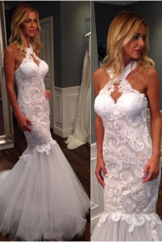 Mermaid Halter Sleeveless Tulle with Lace Appliques Long Wedding Dress Beaded Wedding Gown