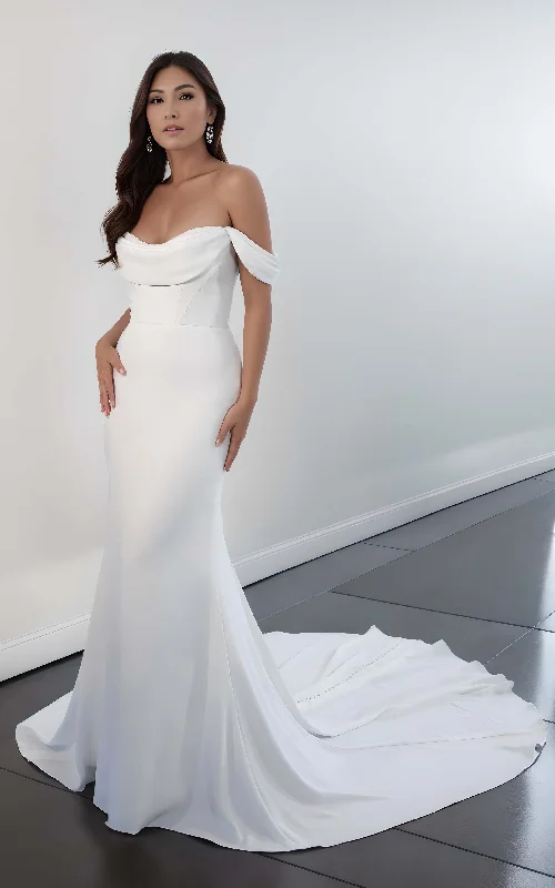 Modest Elegant Mermaid Off-the-Shoulder Satin Wedding Dress Simple Casual Sleeveless Fitted Bridal Gown Lace Boho Dress