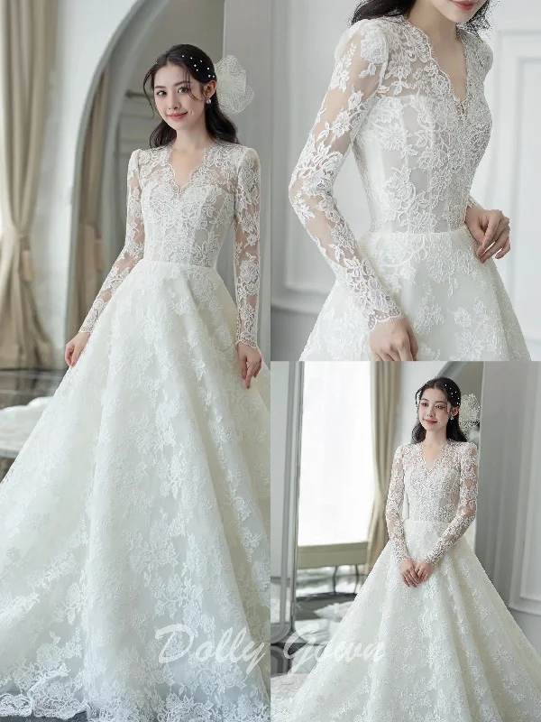 Modest Long Sleeve V-Neck A-line Lace Wedding Dress Simple Satin Gown