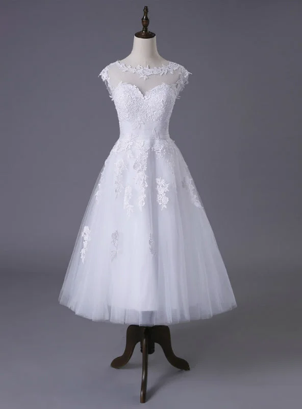 Short A-line Tea Length Tulle Appliques Lace Wedding Dresses Elegant Lace Gown