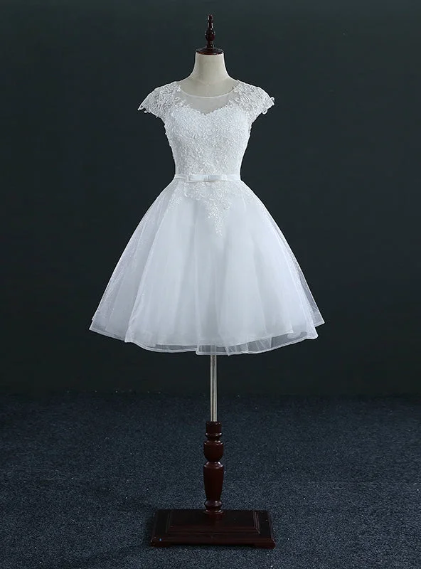 Short Knee Length Tulle Lace Cap Sleeve Wedding Dresses Sparkling Wedding Dress