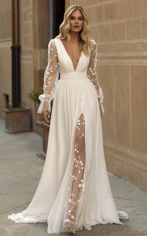 Simple A-Line Plunging Neckline Jersey Beach Wedding Dress With Pleats And Ruching-716657 White Lace Gown