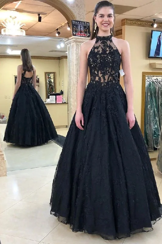 Simple Black A-Line Appliques Halter Formal Wedding Dress Luxury Wedding Dress