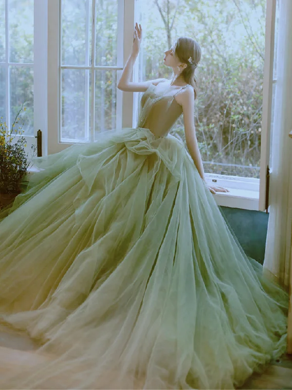 Spaghetti Green Tulle Wonderland Dresses, Prom Dresses, Long Prom Dresses, Wedding Dresses, 2021 Prom Dresses Boho Chic Gown