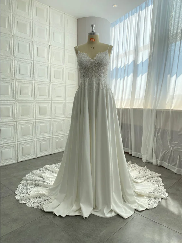 Spaghetti Long A-line Lace Satin Wedding Dresses, A-line Bridal Gown, Sweep Train Wedding Dresses, 2021 Wedding Dresses Princess Bridal Dress