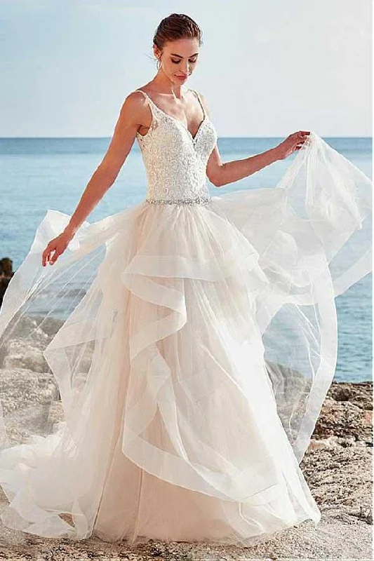 Spaghetti Straps Neckline Backless V-Neck Tulle A-Line Wedding Dresses With Beaded Sparkle Bridal Dress