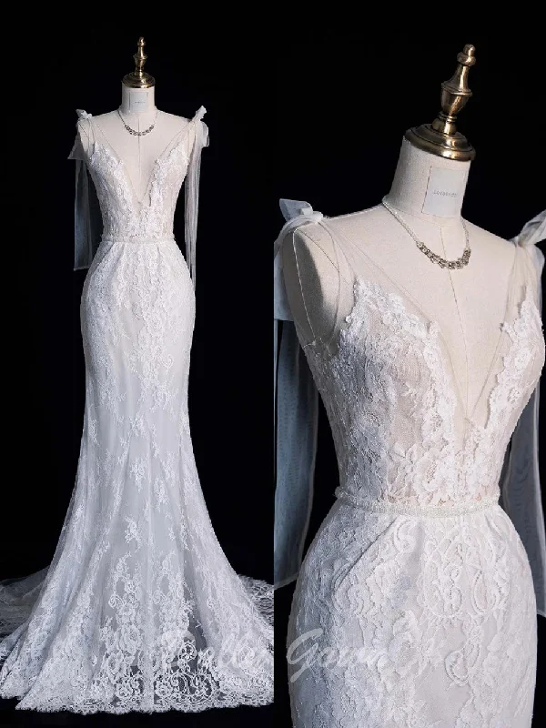 V-Neck Mermaid Lace Sheer Illusion Wedding Dress Empire Waist Dress