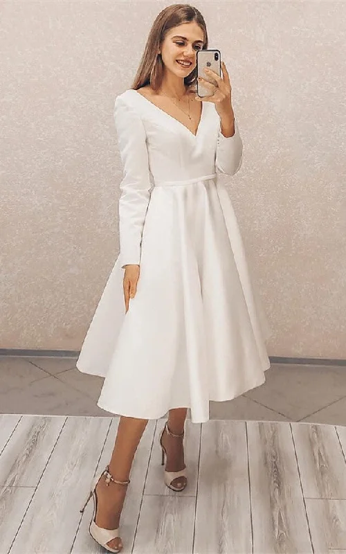 Vintage Modest A-Line Tea Length Satin Wedding Dress Simple Casual Long Sleeve V-Neck Zipper Back Bridal Gown Off-shoulder Bridal Dress