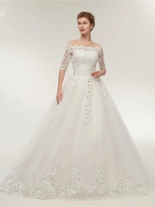 Off-the-Shoulder Half Sleeves Lace Ball Gown Wedding Dresses Open Back Dress