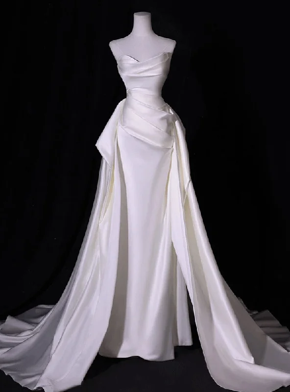 White Mermaid Satin Pleats Wedding Dress Elegant Satin Dress