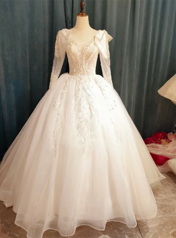 White Tulle Long Sleeve Appliques Beading Wedding Dress Sheer Wedding Dress