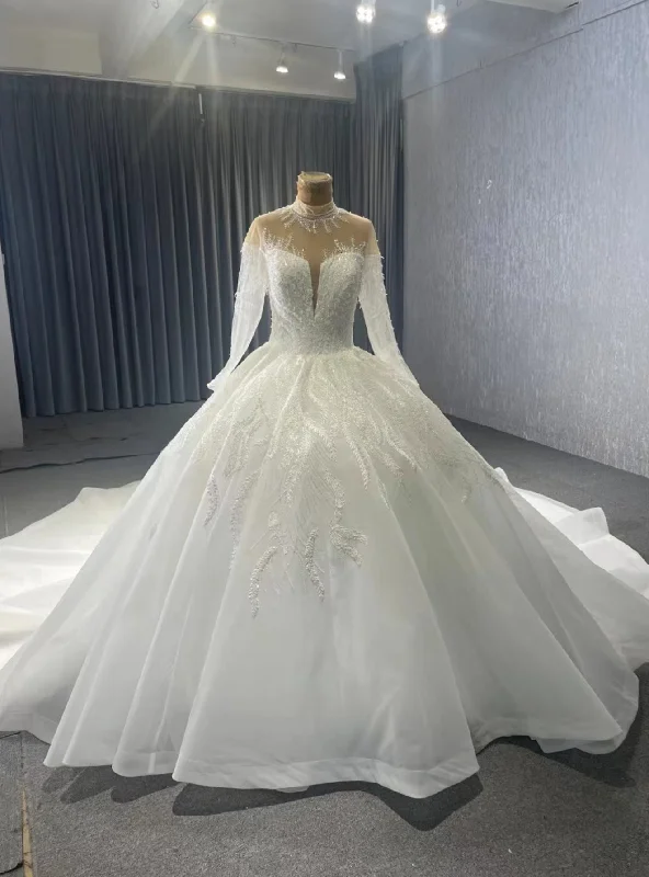 White Tulle Long Sleeve Appliques High Neck Wedding Dress With Lon Train Mermaid Wedding Gown