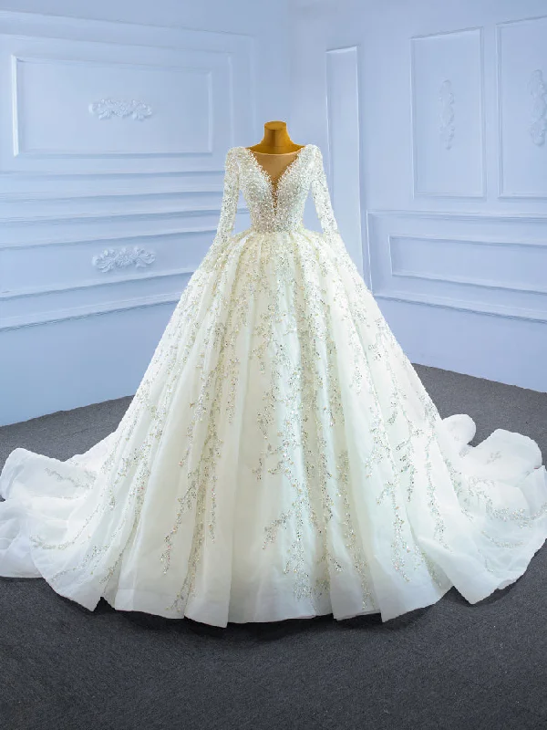 White Tulle Long Sleeve Beading Sequins Wedding Dress Short Wedding Gown