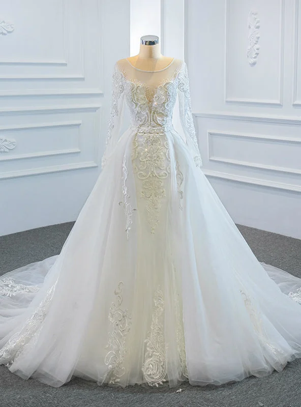 White Tulle Long Sleeve Beading Wedding Dress With Removable Train Embroidered Wedding Dress