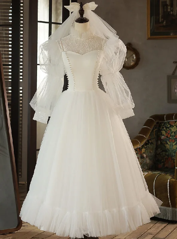 White Tulle Long Sleeve Pearls Wedding Dress Sleeveless Bridal Gown