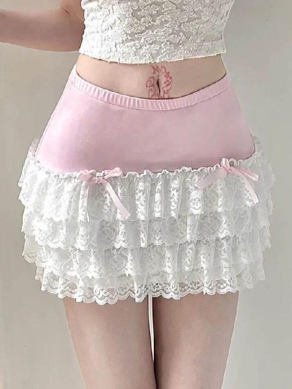 Bow Lace Patchwork Color Clash Skirt Sequin unclassified skirts