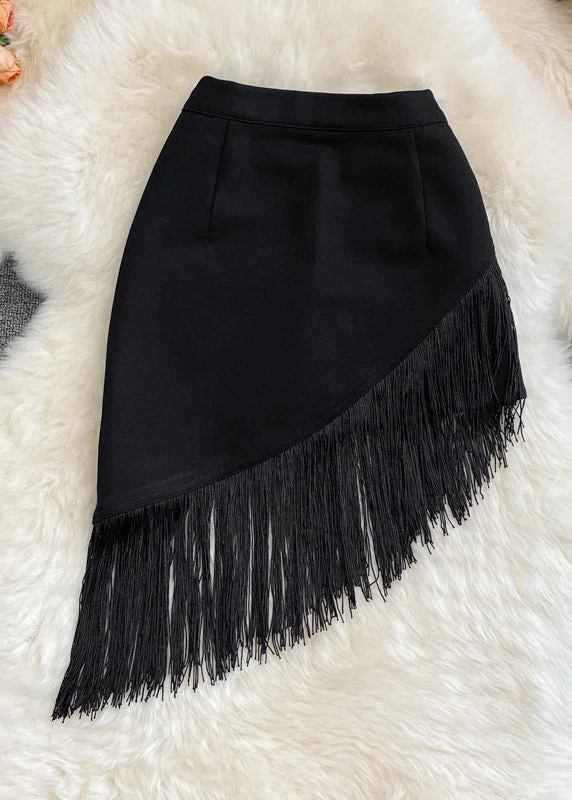 Fashion Black Asymmetrical Tassel High Waist Skirt Summer Chiffon unclassified skirts