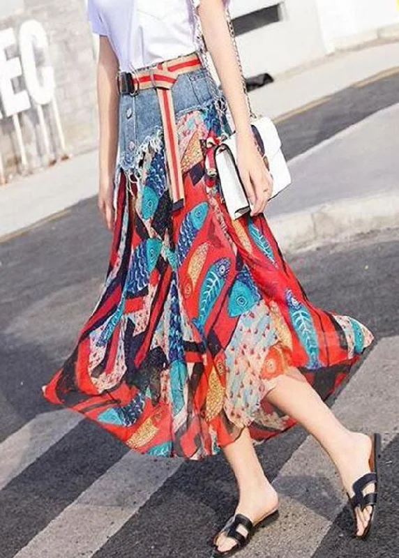 French Red Patchwork Print Chiffon Skirt Summer Beach unclassified skirts