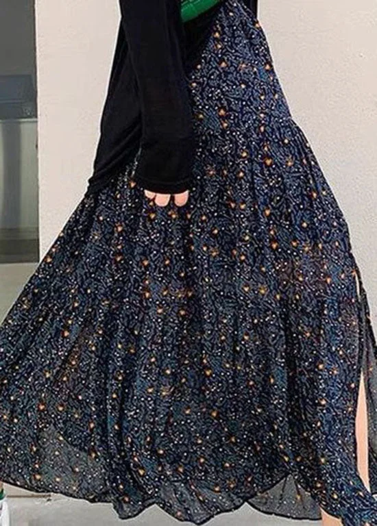 Simple Navy Wrinkled Patchwork Print Chiffon Skirts Spring Summer unclassified skirts