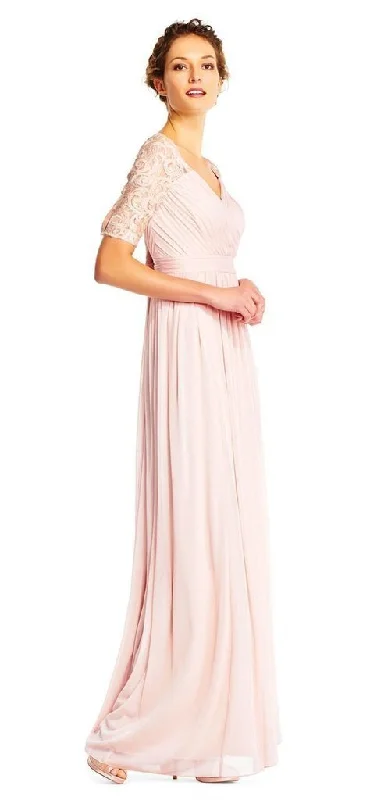 Adrianna Papell - Half Sleeve Pin-Tucked Bodice Long Gown AP1E201417 - 1 pc Blush In Size 12 Available Graduation party dresses