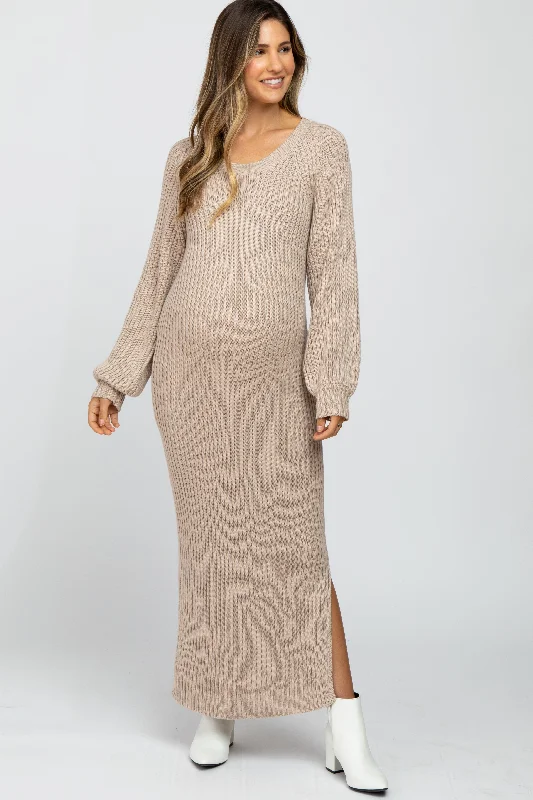 Beige Side Slit Maternity Maxi Sweater Dress Strapless maxi dresses