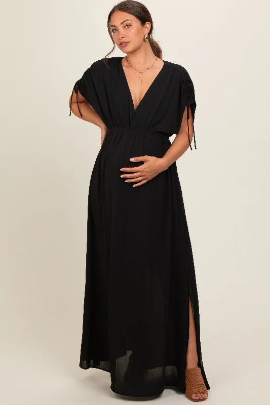 Black V-Neck Drawstring Short Sleeve Side Slit Maternity Maxi Dress Formal maxi dresses