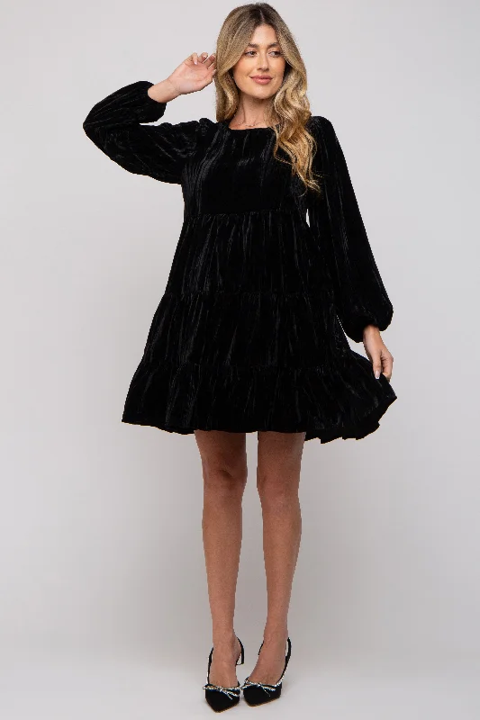 Black Velvet Tiered Long Sleeve Maternity Dress Smocked maxi dresses