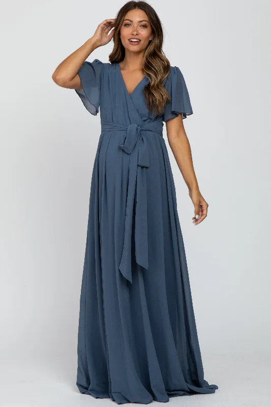 Blue Chiffon Short Sleeve Maternity Maxi Dress Satin maxi dresses