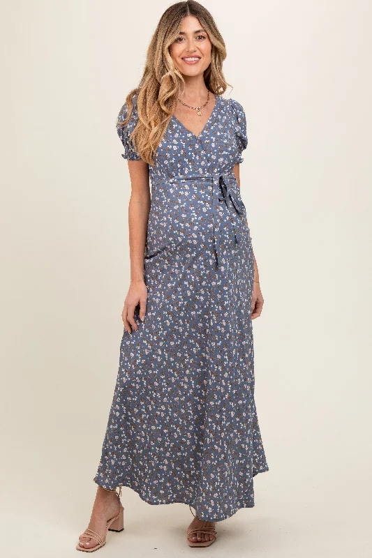 Blue Floral Puff Sleeve V Neck Maternity Maxi Dress Flowy maxi dresses